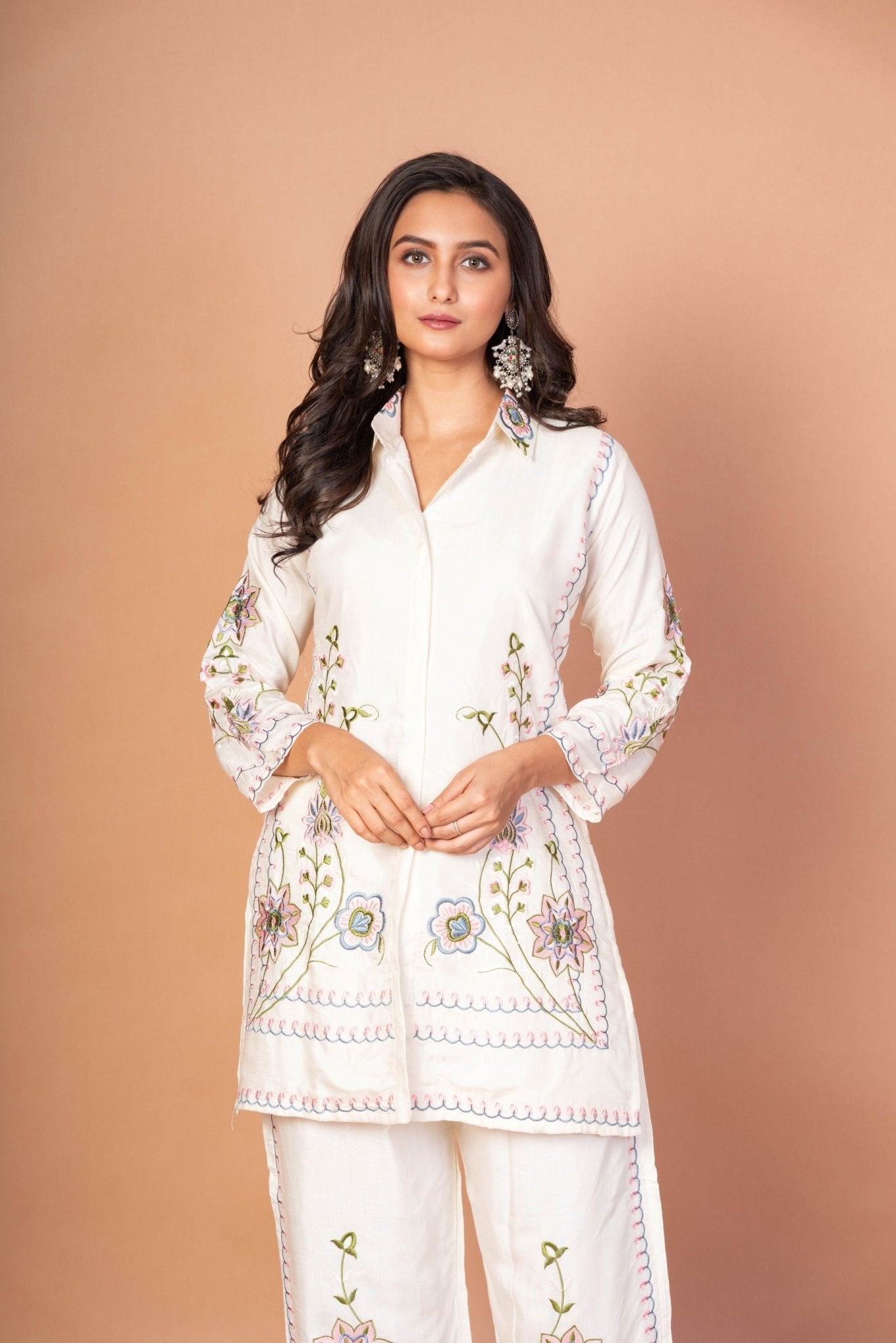White Co - Ord Set With Floral Thread Embroidered Work - Anvi Couture