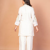 White Co - Ord Set With Floral Thread Embroidered Work - Anvi Couture