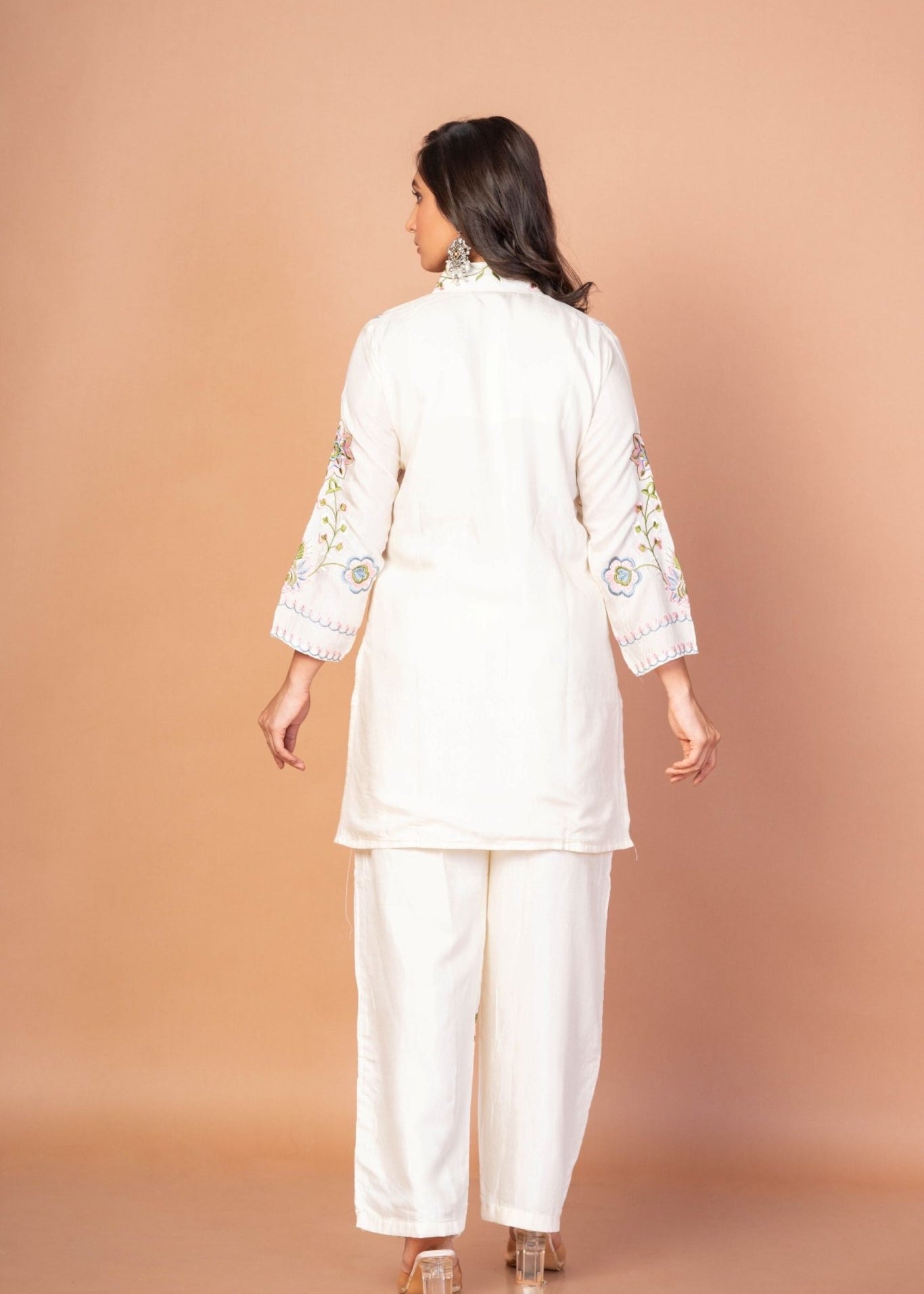 White Co - Ord Set With Floral Thread Embroidered Work - Anvi Couture