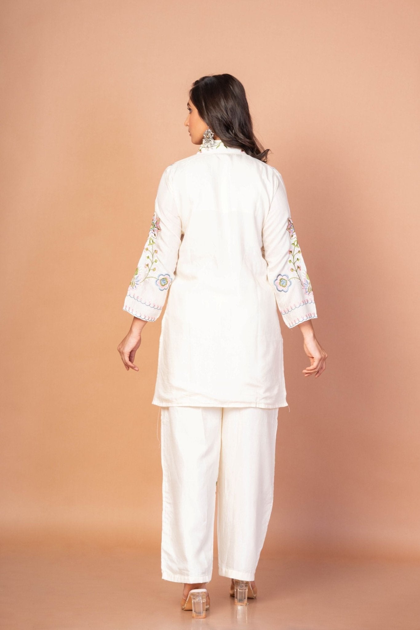 White Co - Ord Set With Floral Thread Embroidered Work - Anvi Couture