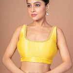 Yellow Raw Silk Cutdana Embroidered U Neck Sleeveless Blouse - Anvi Couture