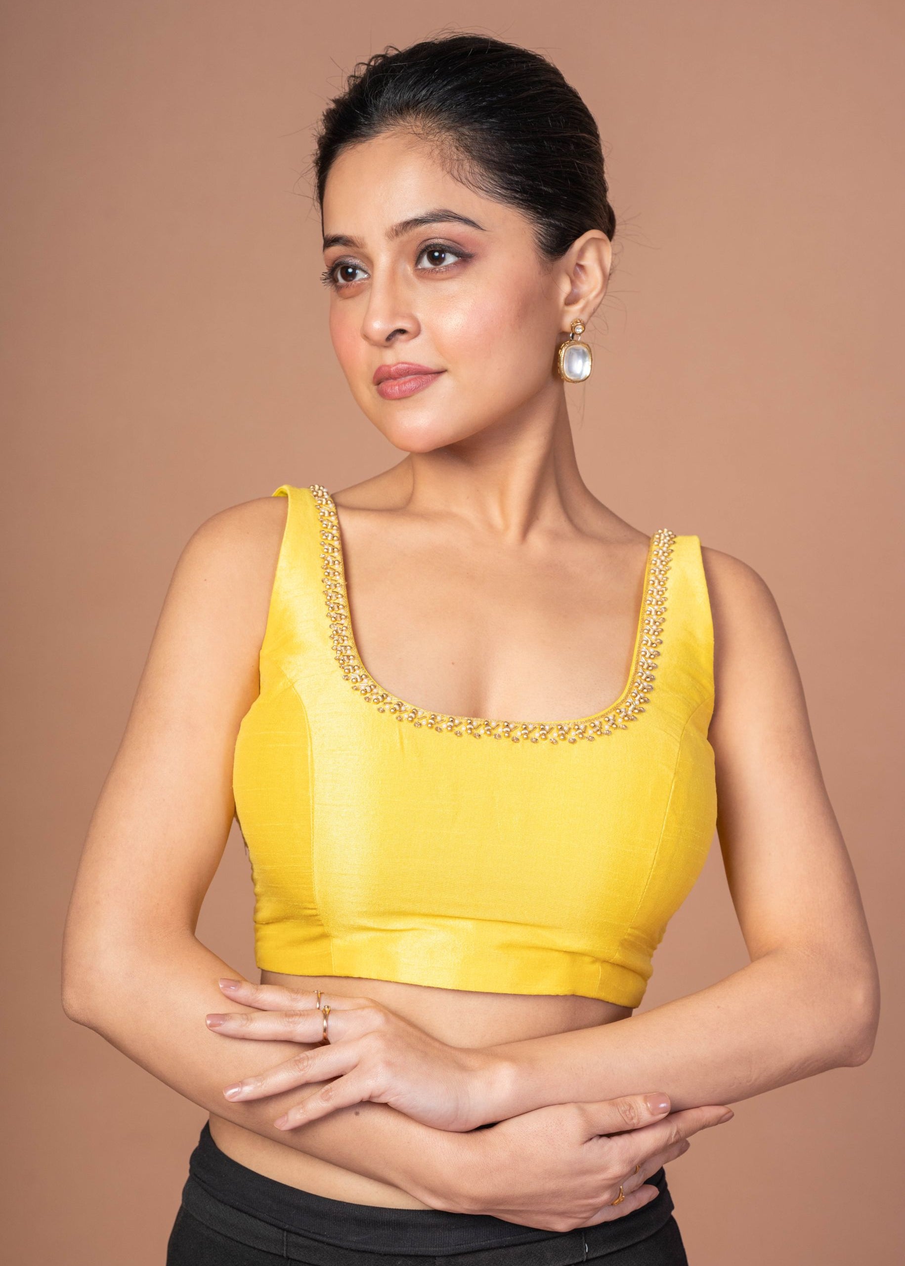 Yellow Raw Silk Cutdana Embroidered U Neck Sleeveless  Blouse img 2