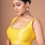 Yellow Raw Silk Cutdana Embroidered U Neck Sleeveless Blouse - Anvi Couture