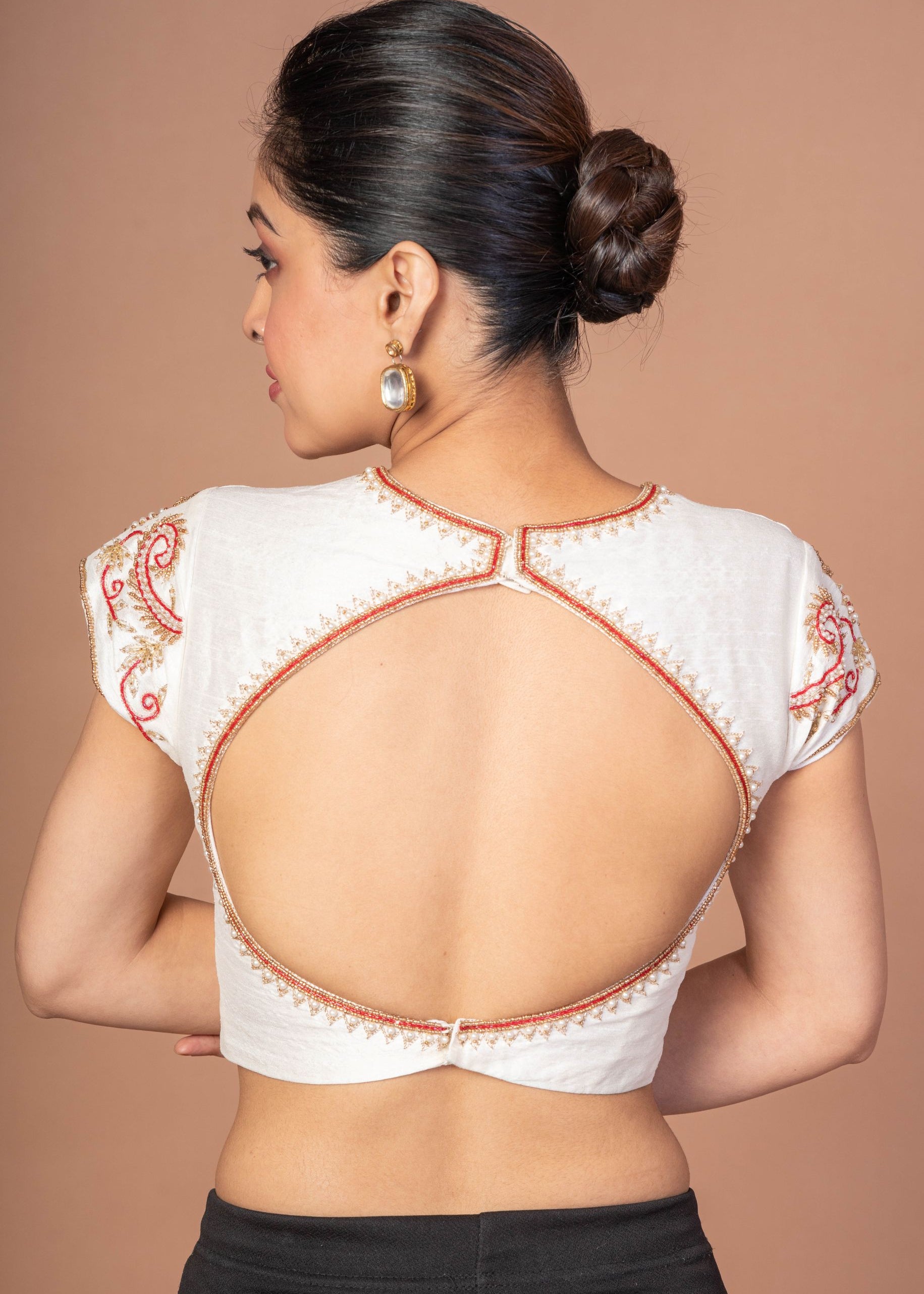  White Raw Silk Blouse with Red and Gold Hand Embroidered Work 
 img 4