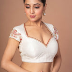 White Raw Silk Blouse with Red and Gold Hand Embroidered Work - Anvi Couture