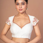 White Raw Silk Blouse with Red and Gold Hand Embroidered Work - Anvi Couture