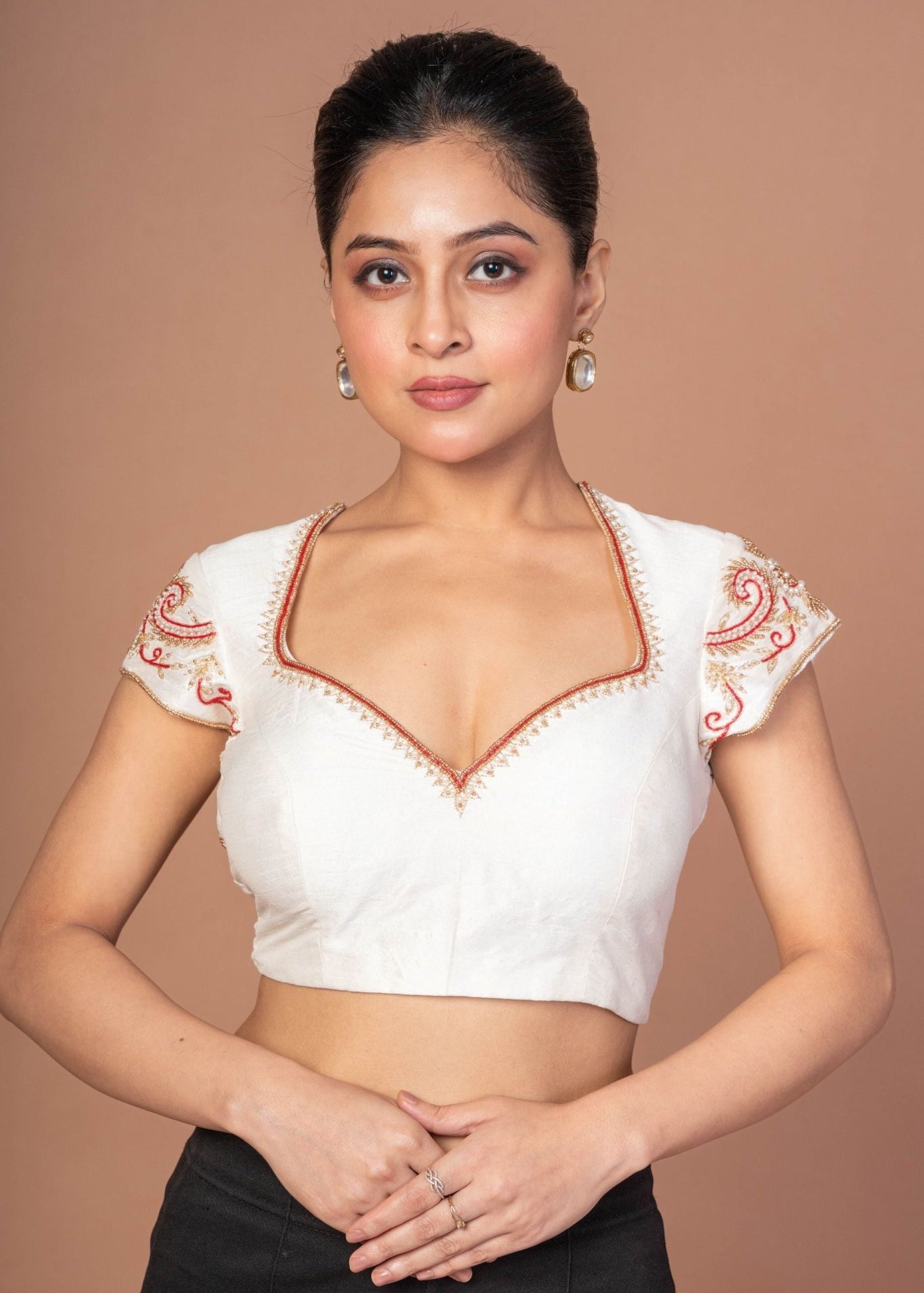 White Raw Silk Blouse with Red and Gold Hand Embroidered Work - Anvi Couture