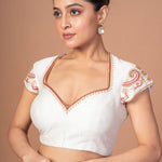White Raw Silk Blouse with Red and Gold Hand Embroidered Work - Anvi Couture