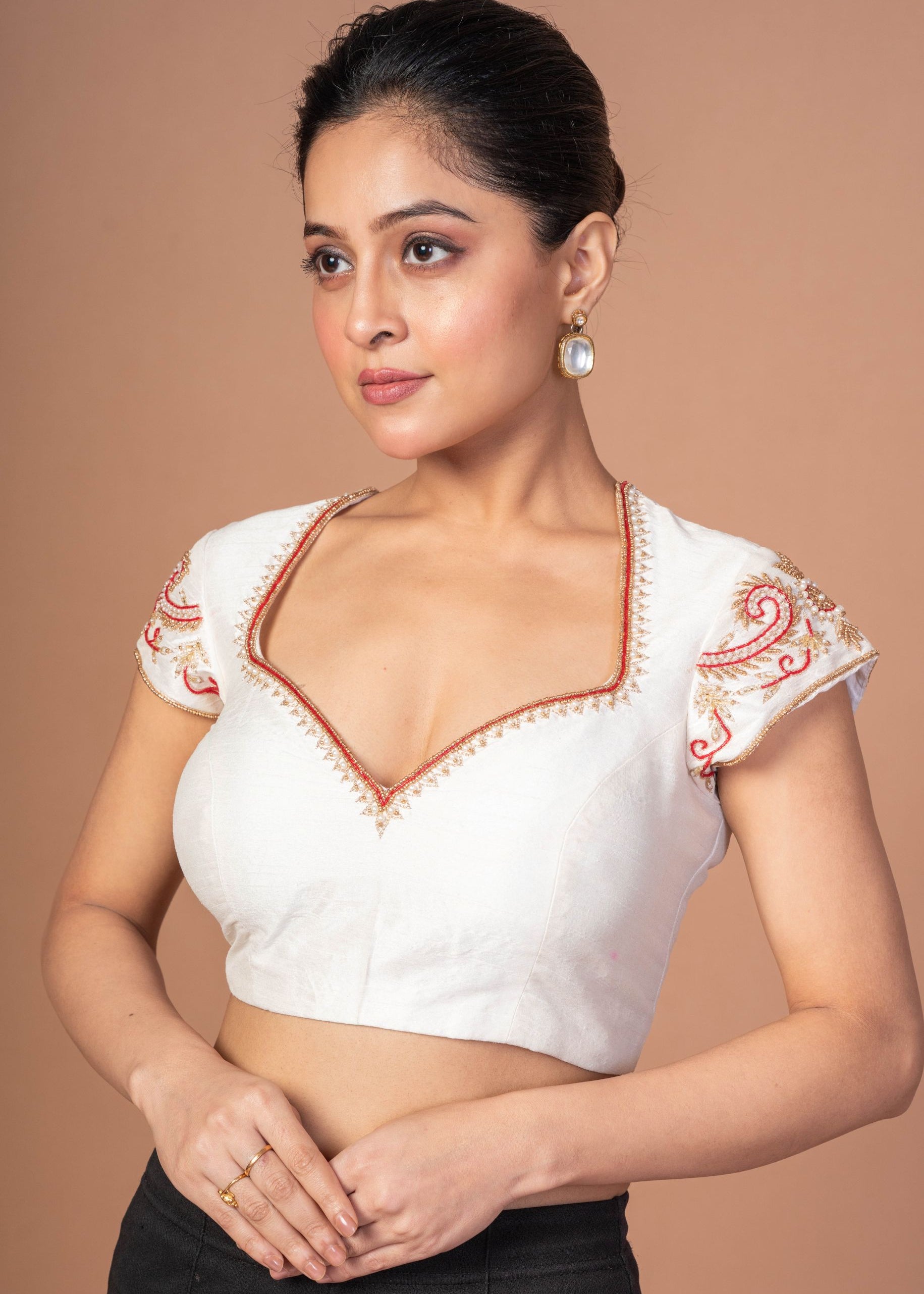  White Raw Silk Blouse with Red and Gold Hand Embroidered Work 
 img 3