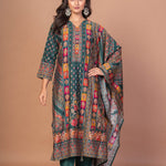 Dark Green and Red Printed Silk Kurta Set with Embroidered Work and Dupatta - Anvi Couture