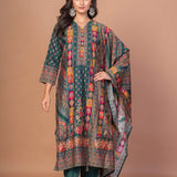 Dark Green and Red Printed Silk Kurta Set with Embroidered Work and Dupatta - Anvi Couture