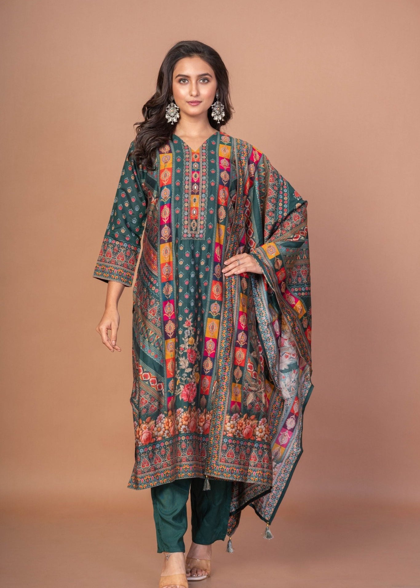 Dark Green and Red Printed Silk Kurta Set with Embroidered Work and Dupatta - Anvi Couture