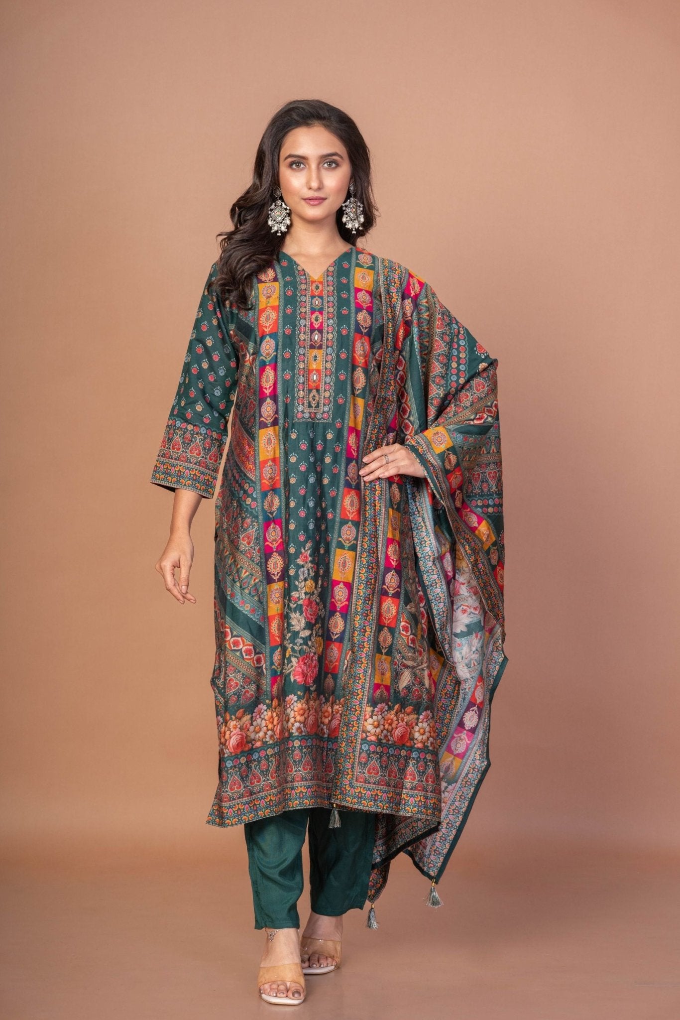 Dark Green and Red Printed Silk Kurta Set with Embroidered Work and Dupatta - Anvi Couture