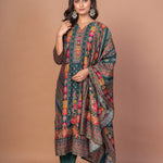 Dark Green and Red Printed Silk Kurta Set with Embroidered Work and Dupatta - Anvi Couture