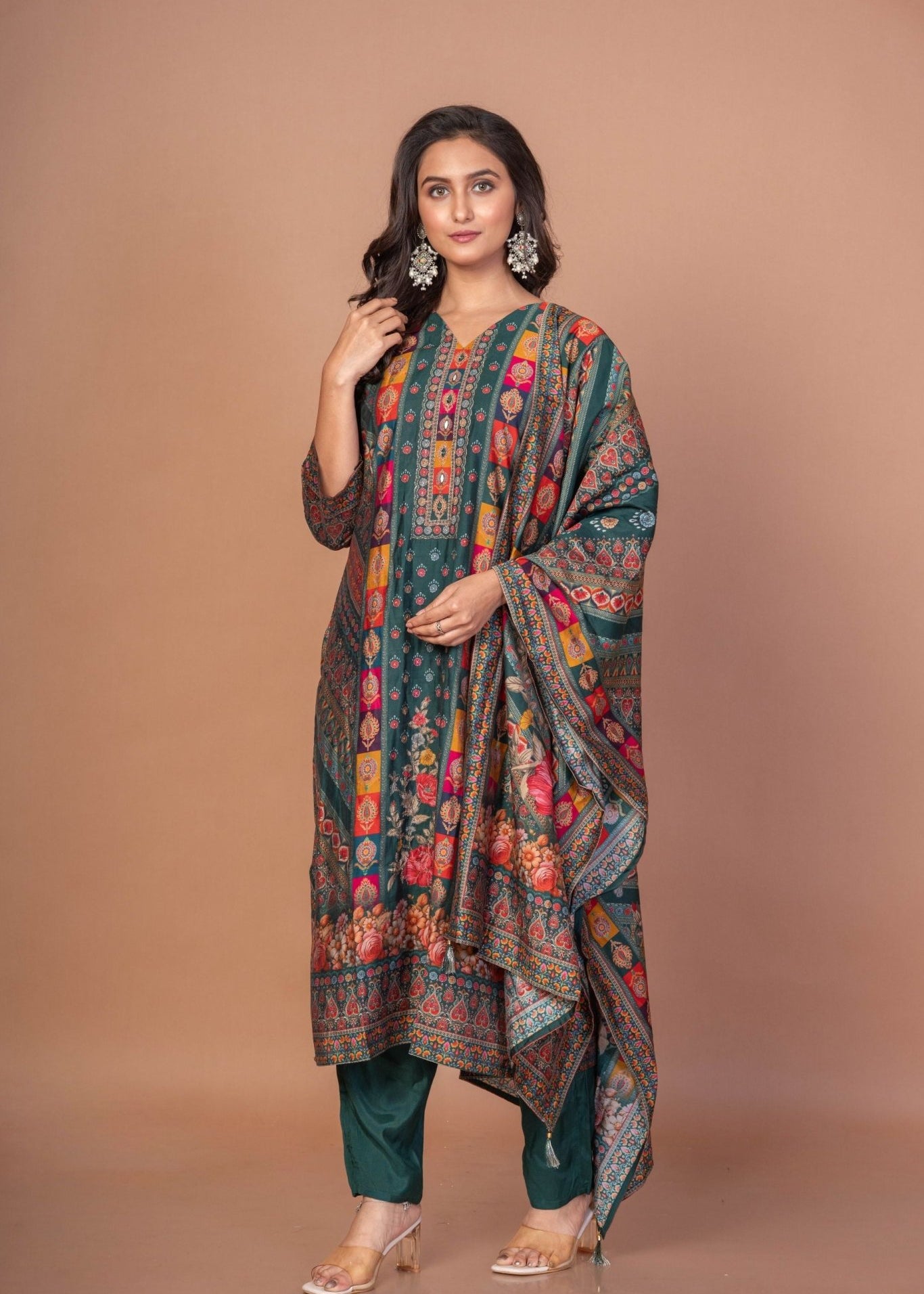 Dark Green and Red Printed Silk Kurta Set with Embroidered Work and Dupatta - Anvi Couture