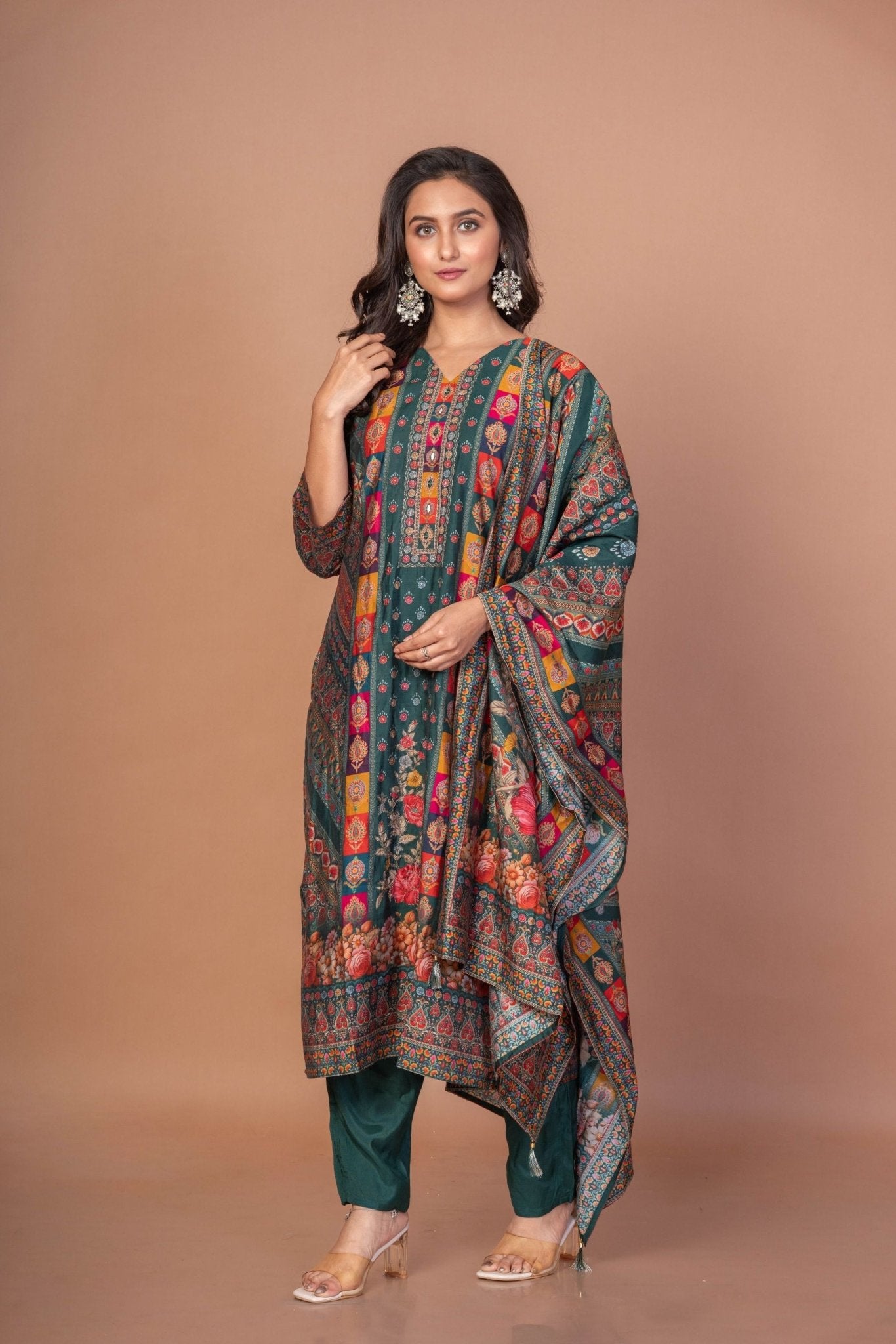 Dark Green and Red Printed Silk Kurta Set with Embroidered Work and Dupatta - Anvi Couture