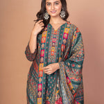 Dark Green and Red Printed Silk Kurta Set with Embroidered Work and Dupatta - Anvi Couture