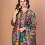 Dark Green and Red Printed Silk Kurta Set with Embroidered Work and Dupatta - Anvi Couture