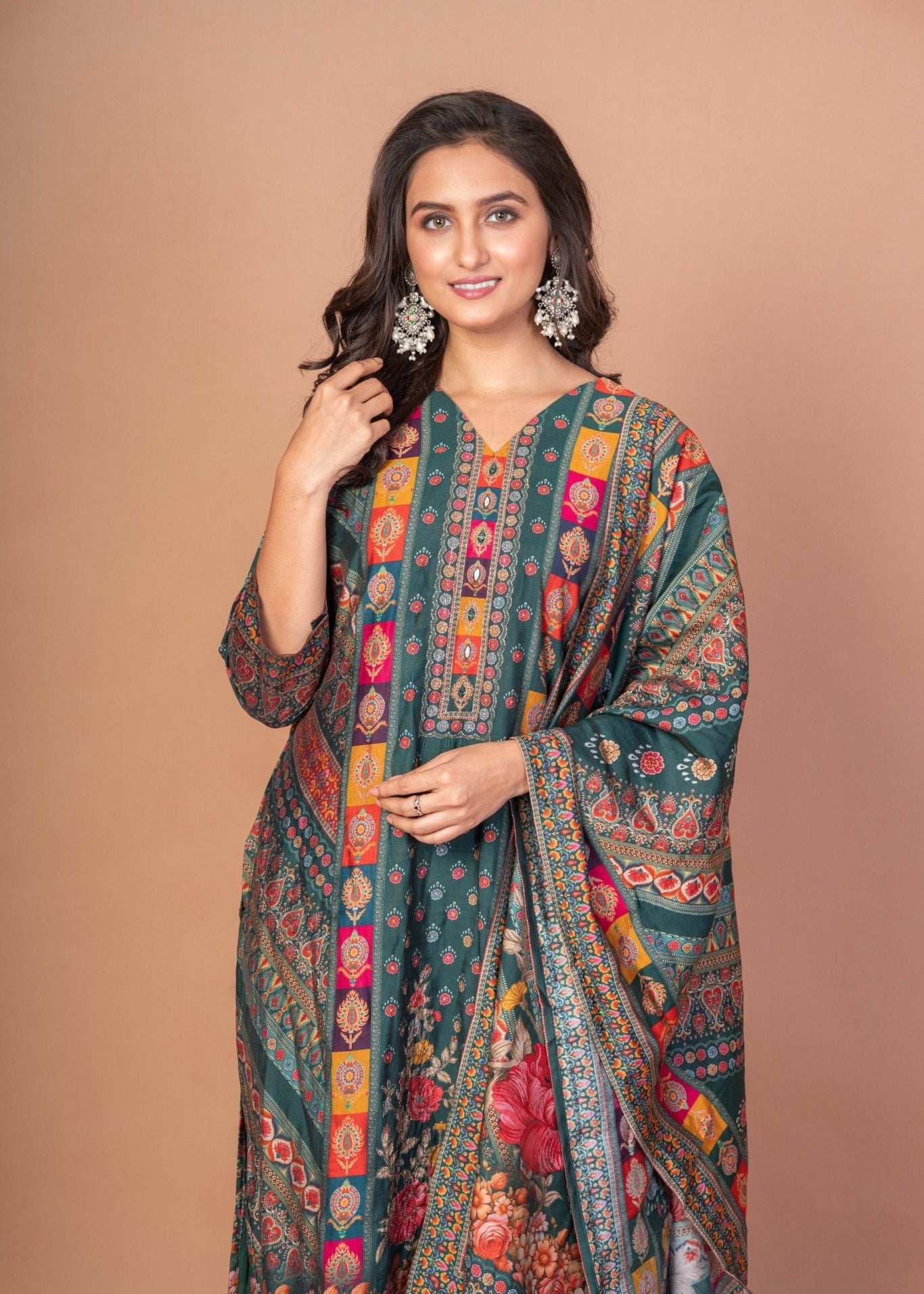 Dark Green and Red Printed Silk Kurta Set with Embroidered Work and Dupatta - Anvi Couture