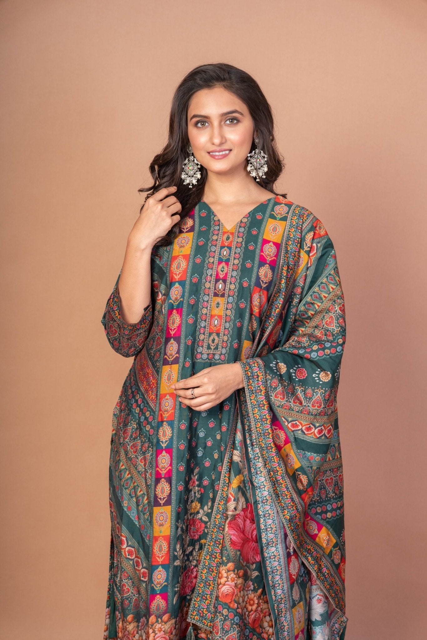 Dark Green and Red Printed Silk Kurta Set with Embroidered Work and Dupatta - Anvi Couture