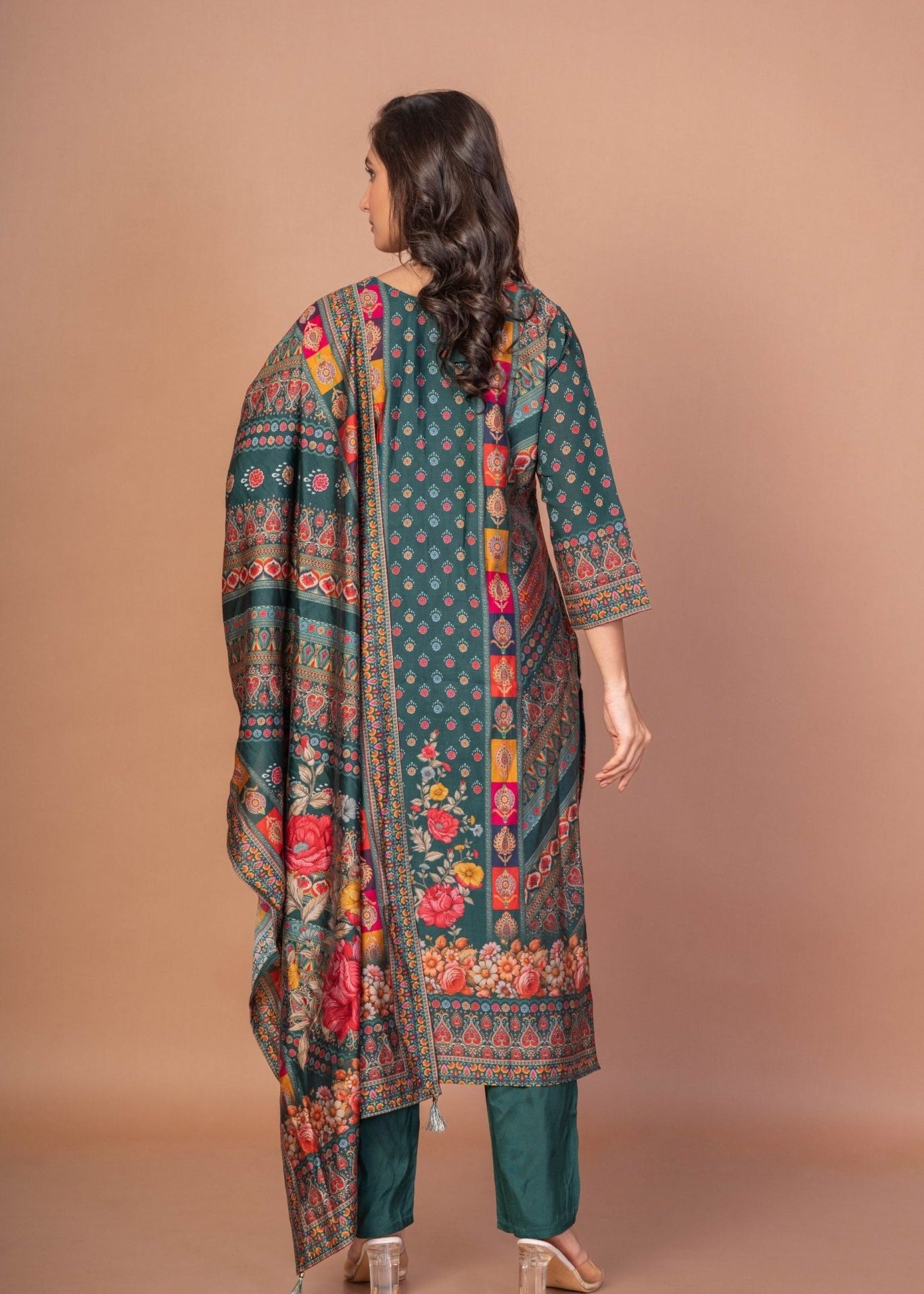 Dark Green and Red Printed Silk Kurta Set with Embroidered Work and Dupatta - Anvi Couture