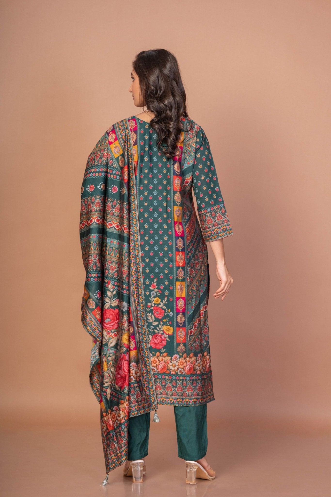 Dark Green and Red Printed Silk Kurta Set with Embroidered Work and Dupatta - Anvi Couture
