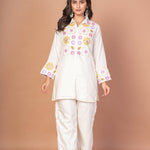 White Co - ordset with floral Embroidered work - Anvi Couture