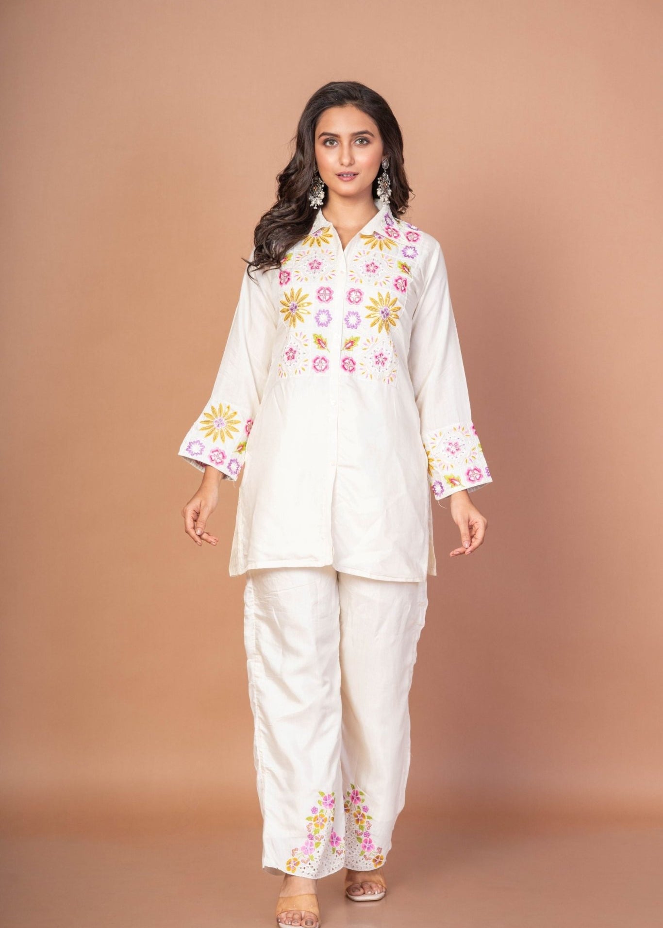 White Co - ordset with floral Embroidered work - Anvi Couture