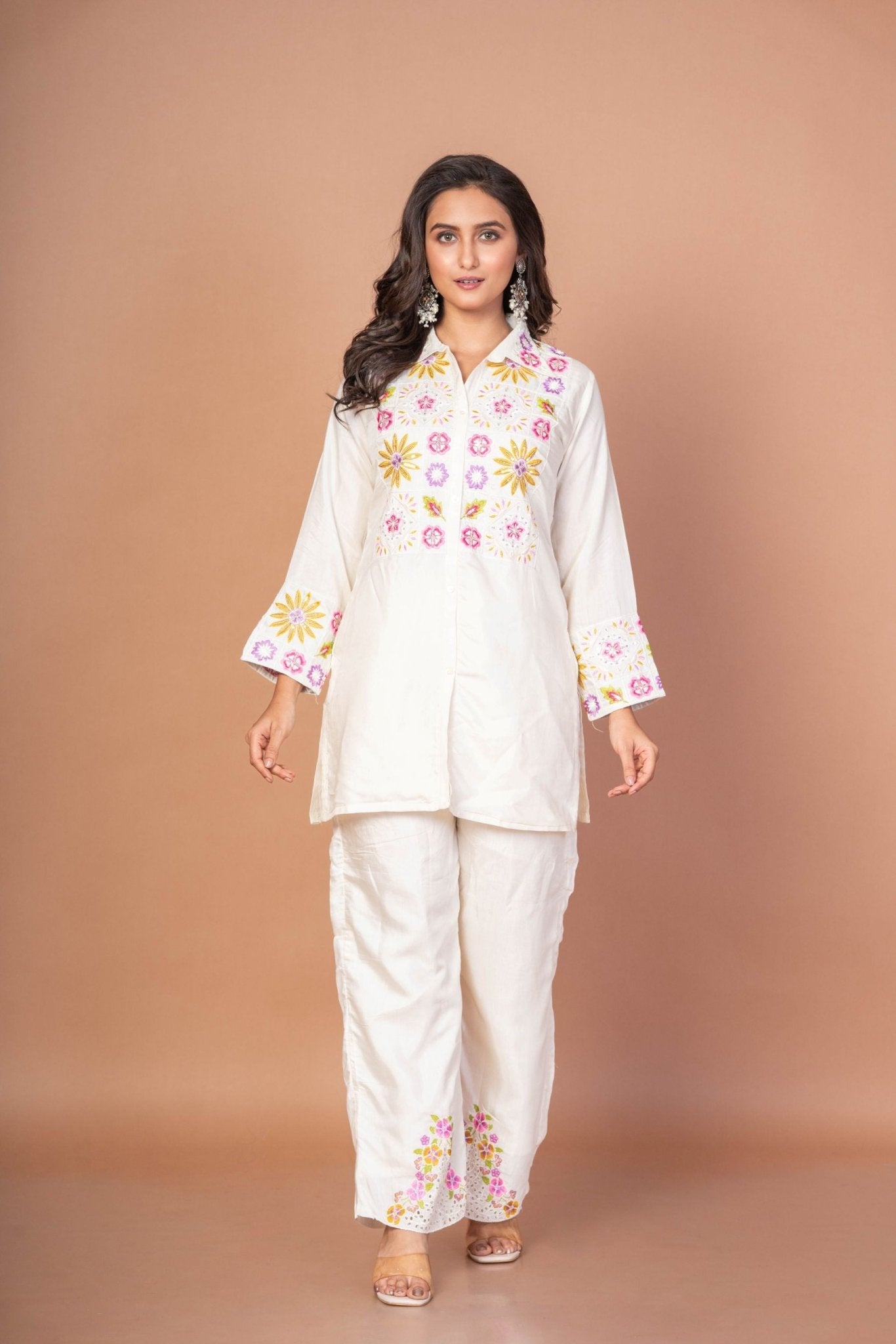 White Co - ordset with floral Embroidered work - Anvi Couture