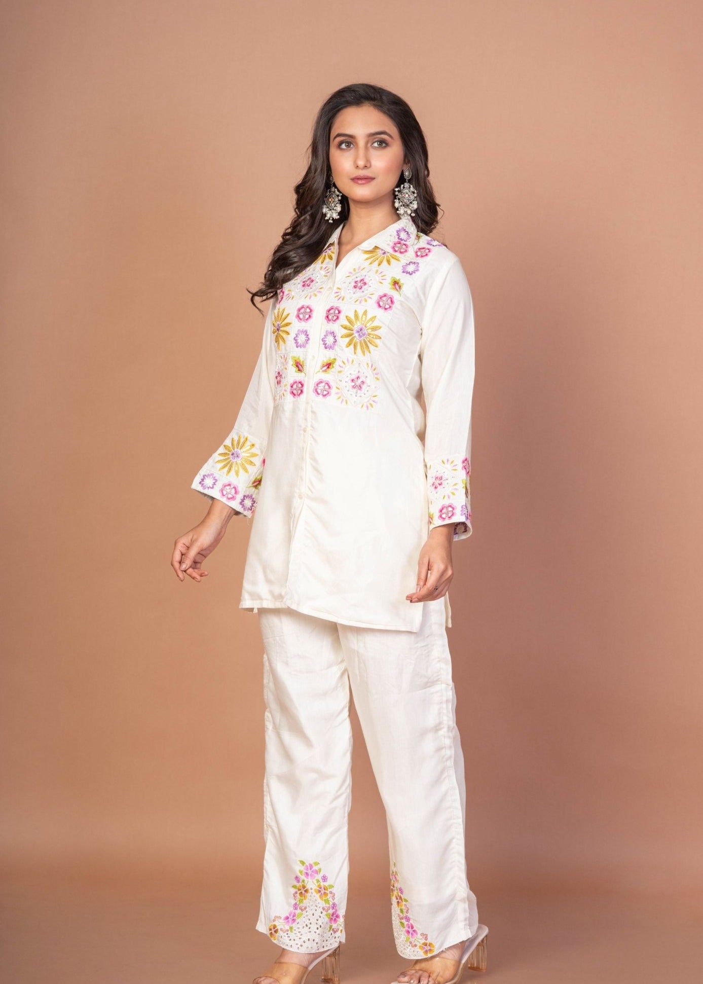White Co - ordset with floral Embroidered work - Anvi Couture
