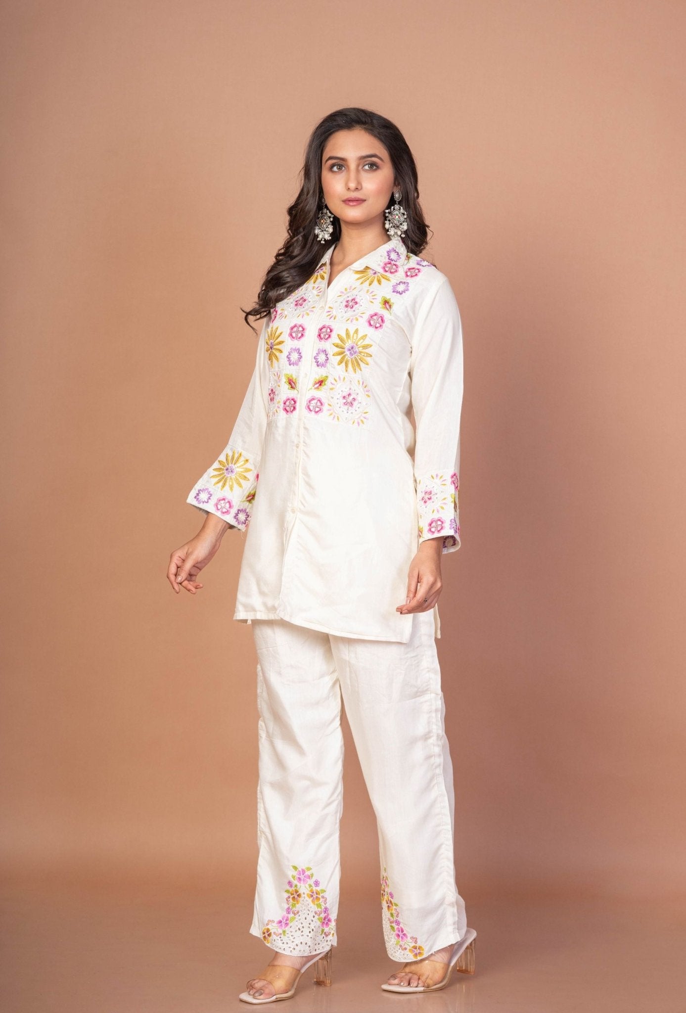 White Co - ordset with floral Embroidered work - Anvi Couture