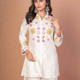 White Co - ordset with floral Embroidered work - Anvi Couture