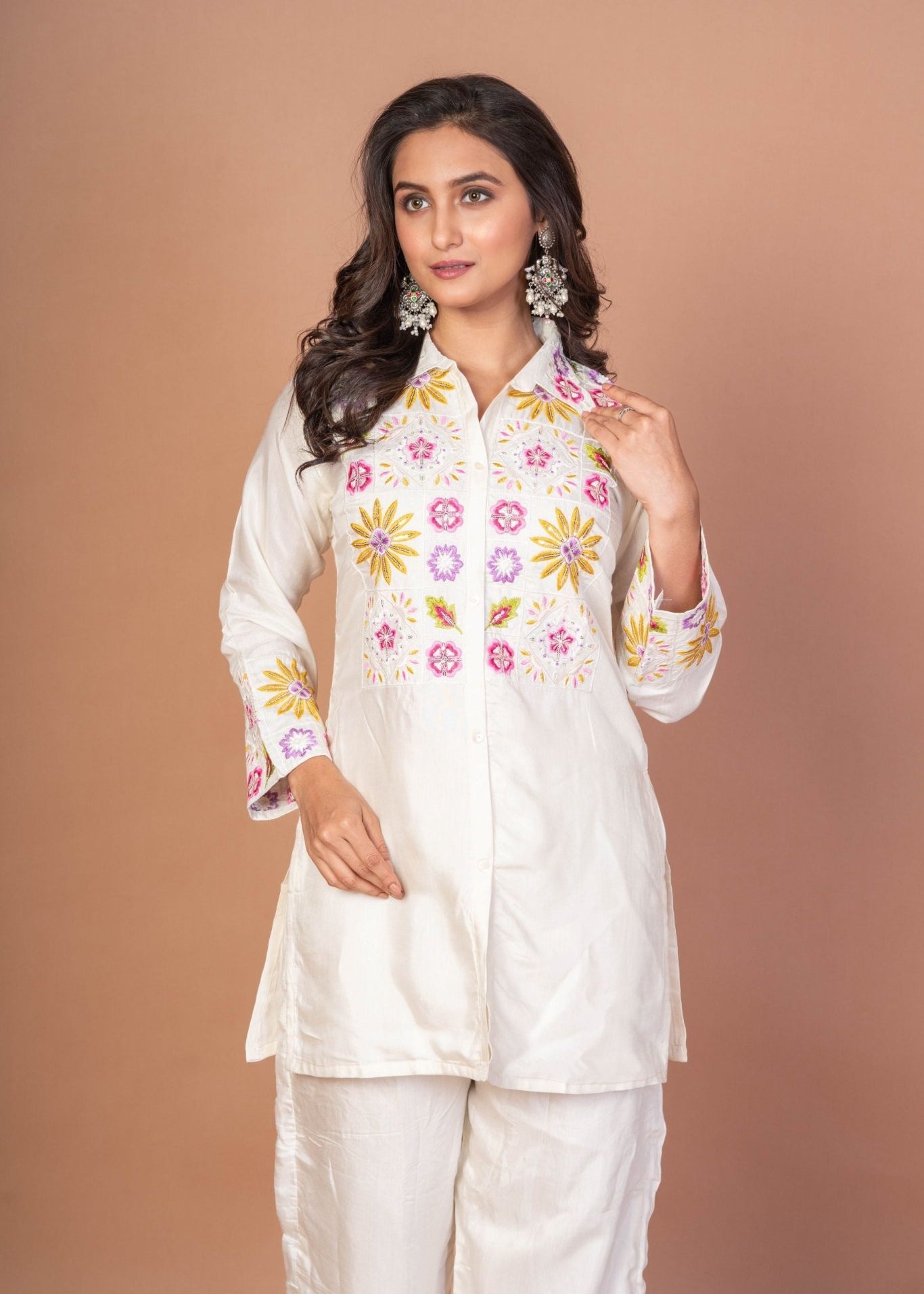 White Co - ordset with floral Embroidered work - Anvi Couture