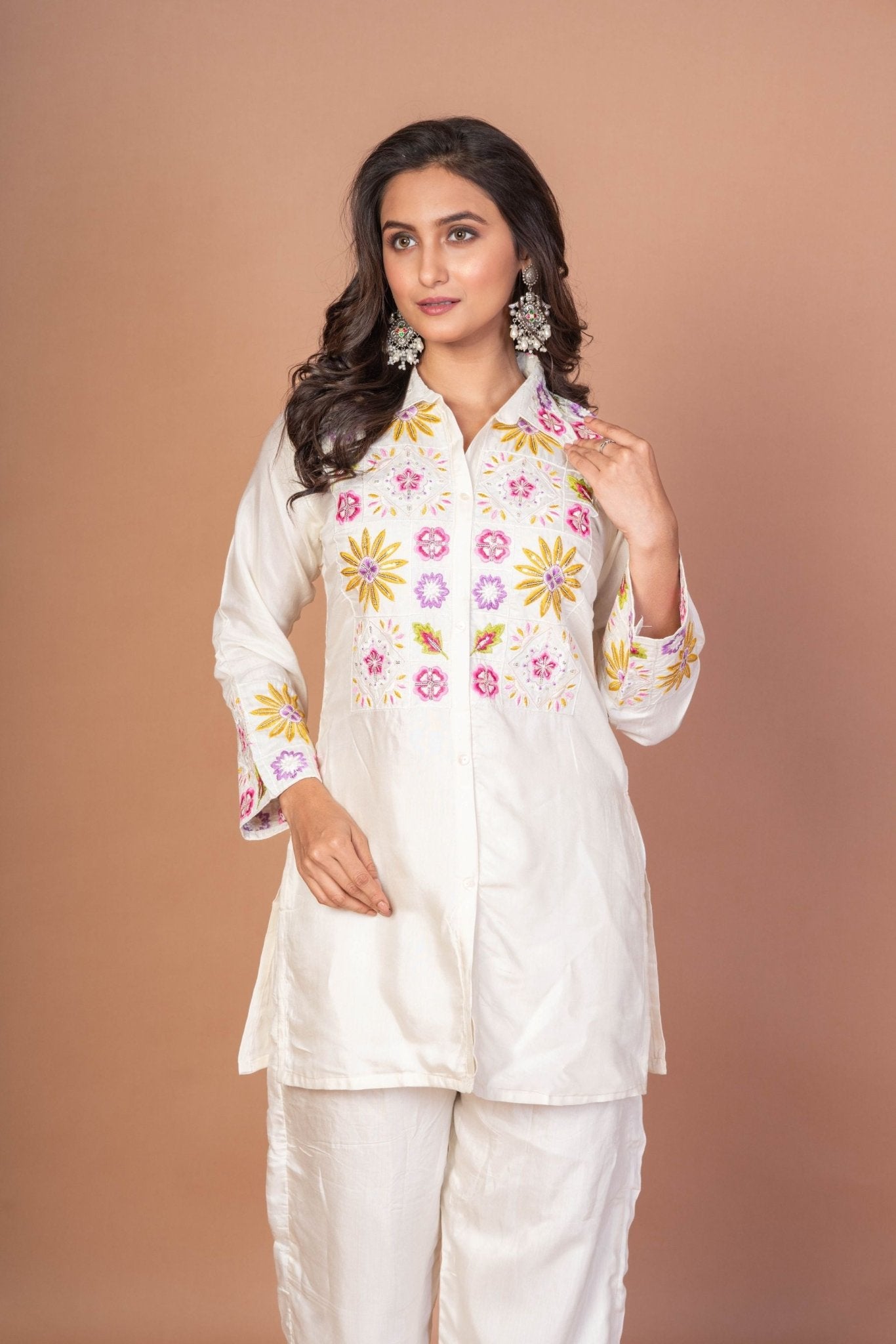 White Co - ordset with floral Embroidered work - Anvi Couture