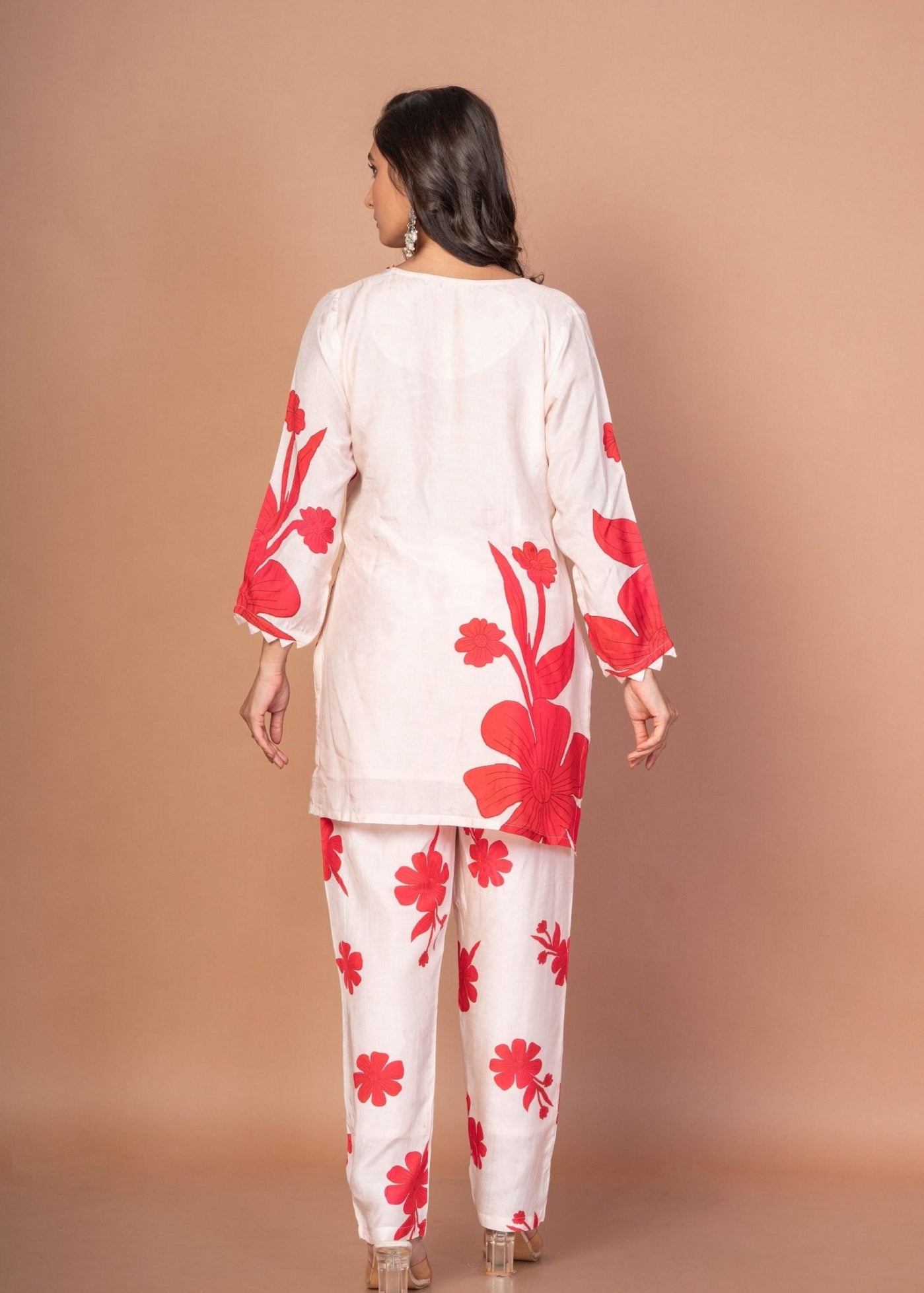 White Co - ord set with Red Floral Print - Anvi Couture