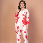 White Co - ord set with Red Floral Print - Anvi Couture