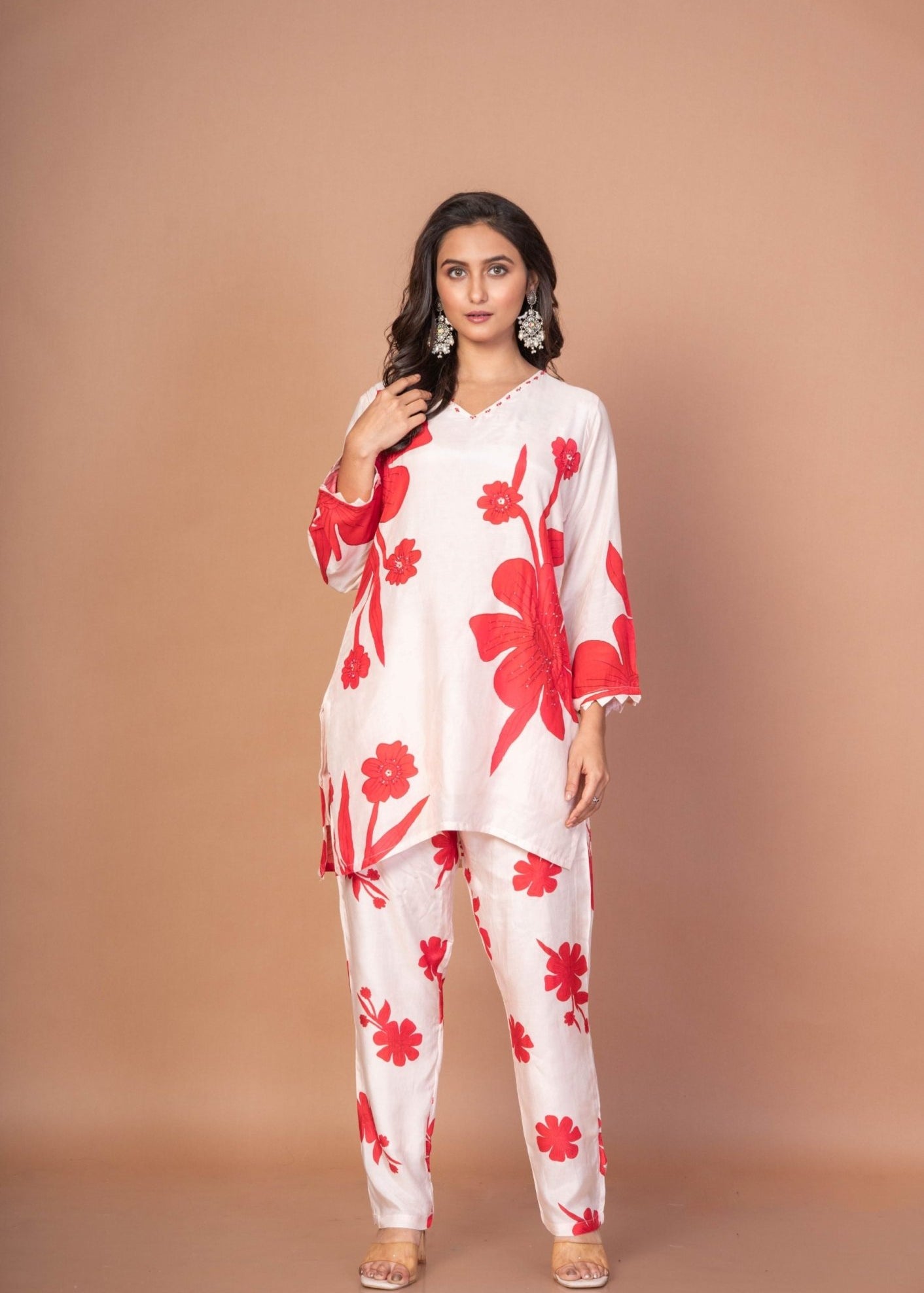 White Co - ord set with Red Floral Print - Anvi Couture