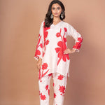 White Co - ord set with Red Floral Print - Anvi Couture