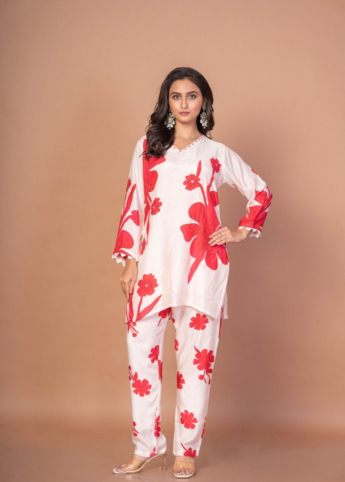 White Co - ord set with Red Floral Print - Anvi Couture