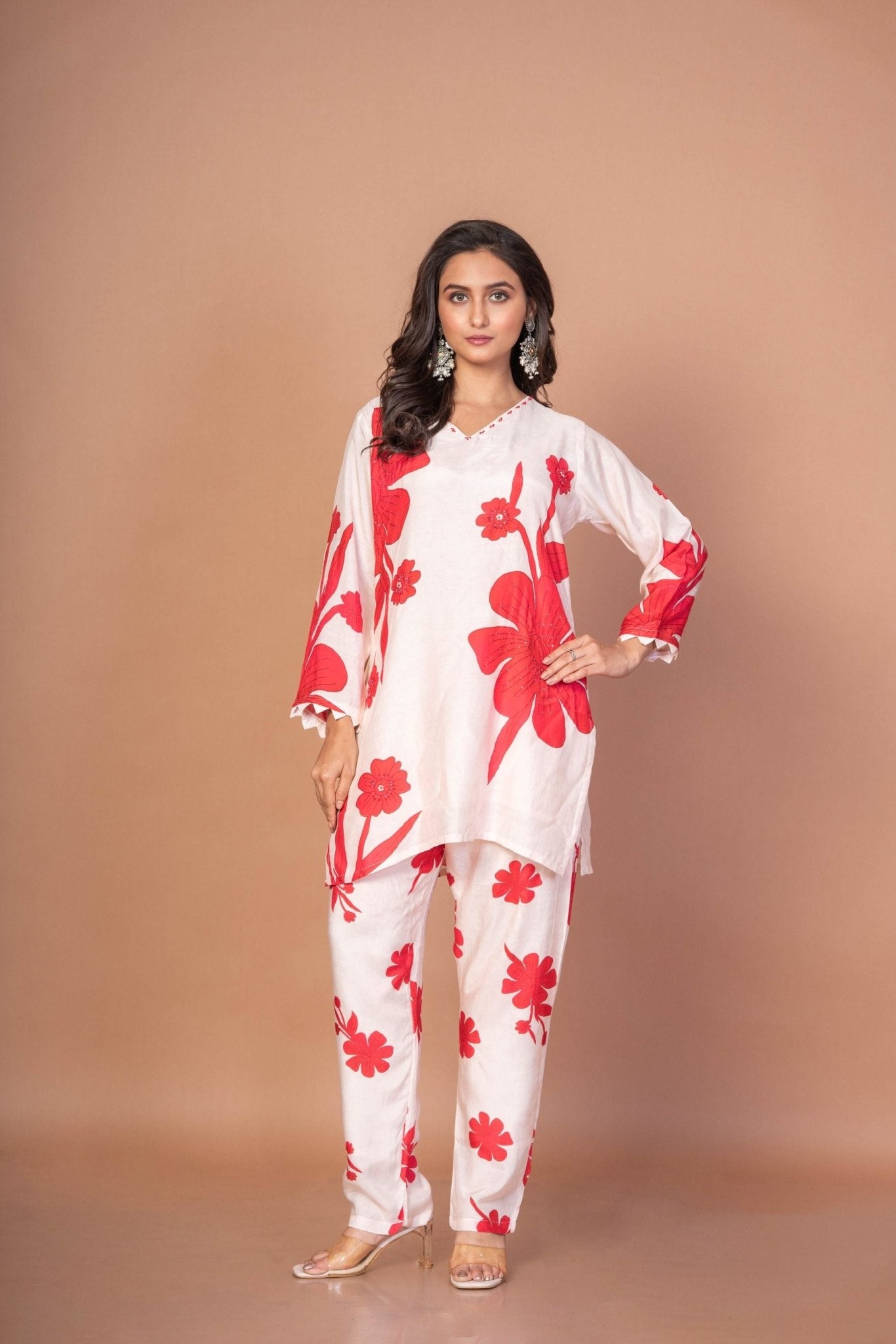 White Co - ord set with Red Floral Print - Anvi Couture