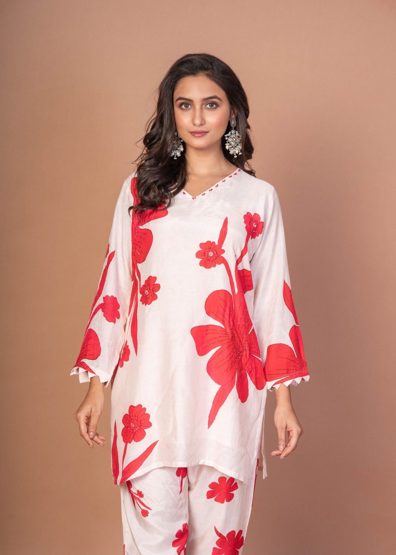 White Co - ord set with Red Floral Print - Anvi Couture