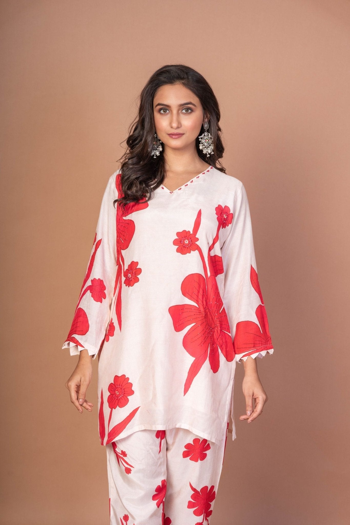 White Co - ord set with Red Floral Print - Anvi Couture
