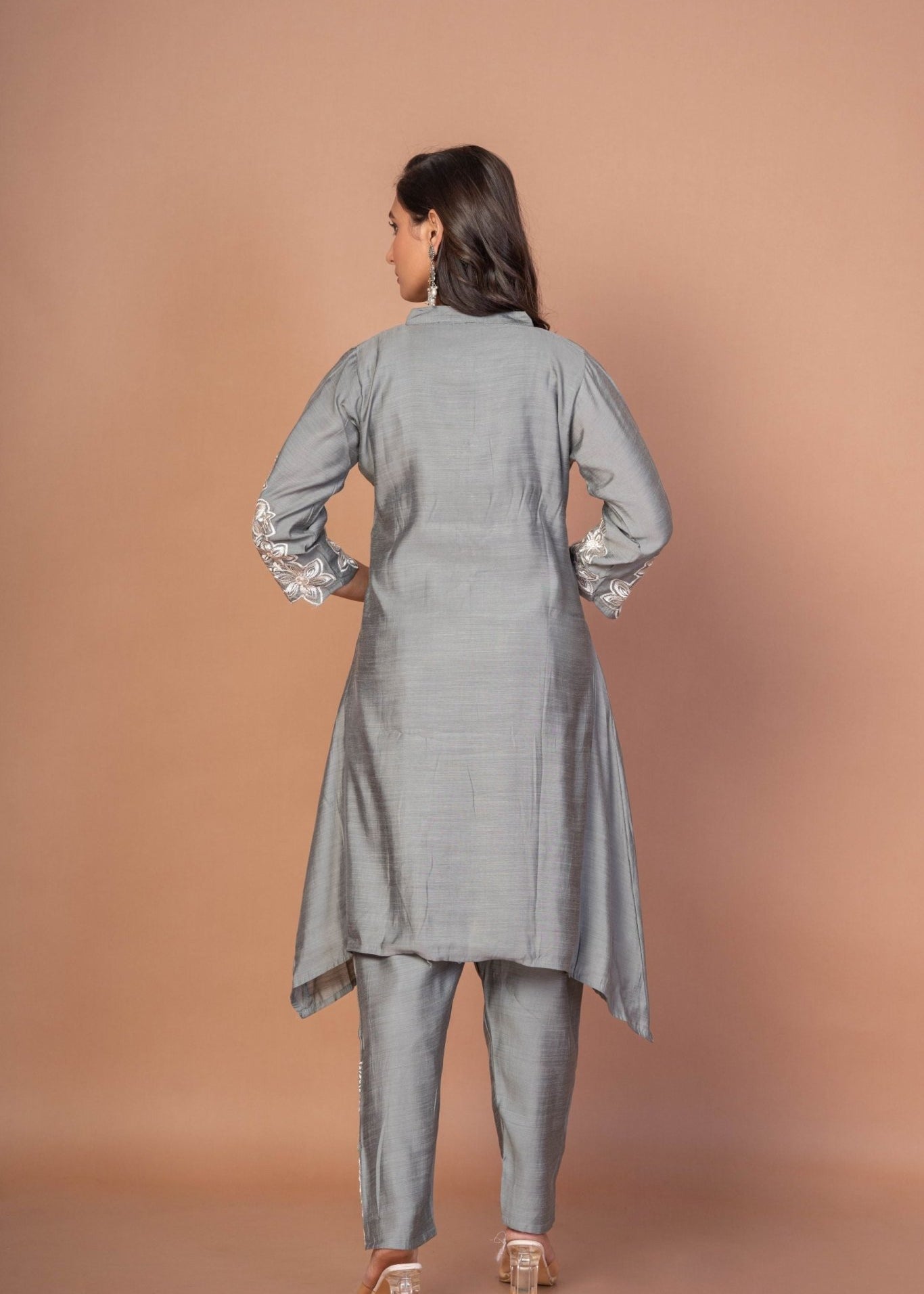 Grey Silk Co - ord Set with Embroidered Work - Anvi Couture