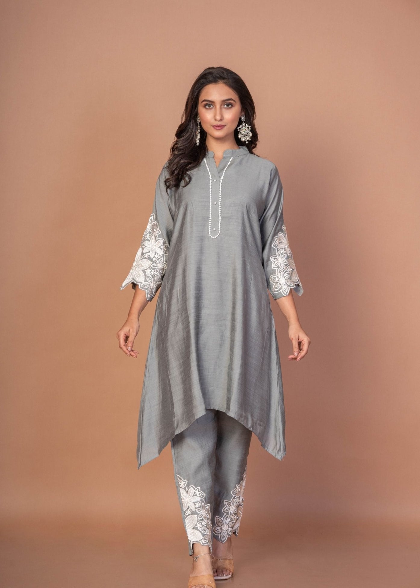 Grey Silk Co - ord Set with Embroidered Work - Anvi Couture
