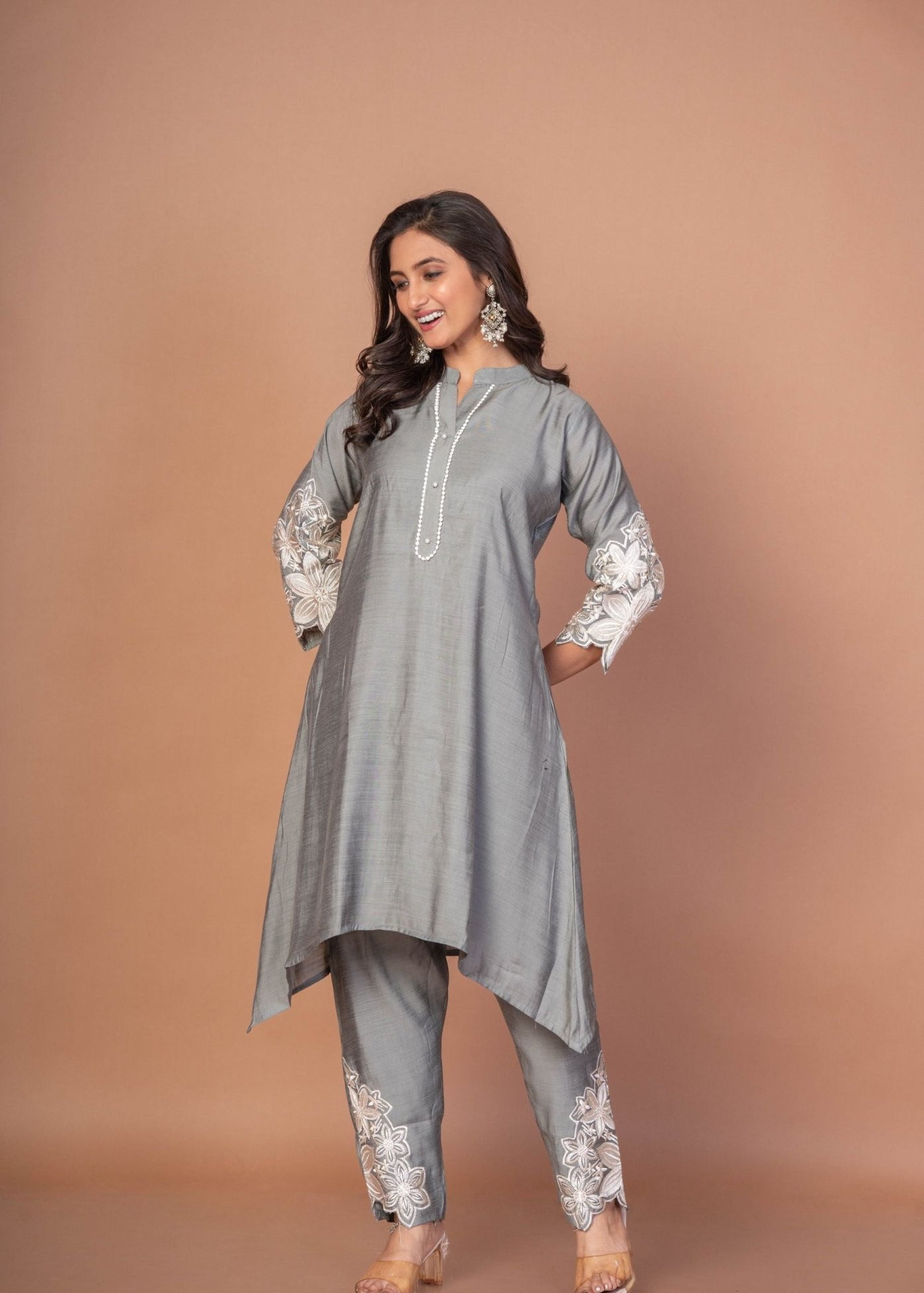 Grey Silk Co - ord Set with Embroidered Work - Anvi Couture