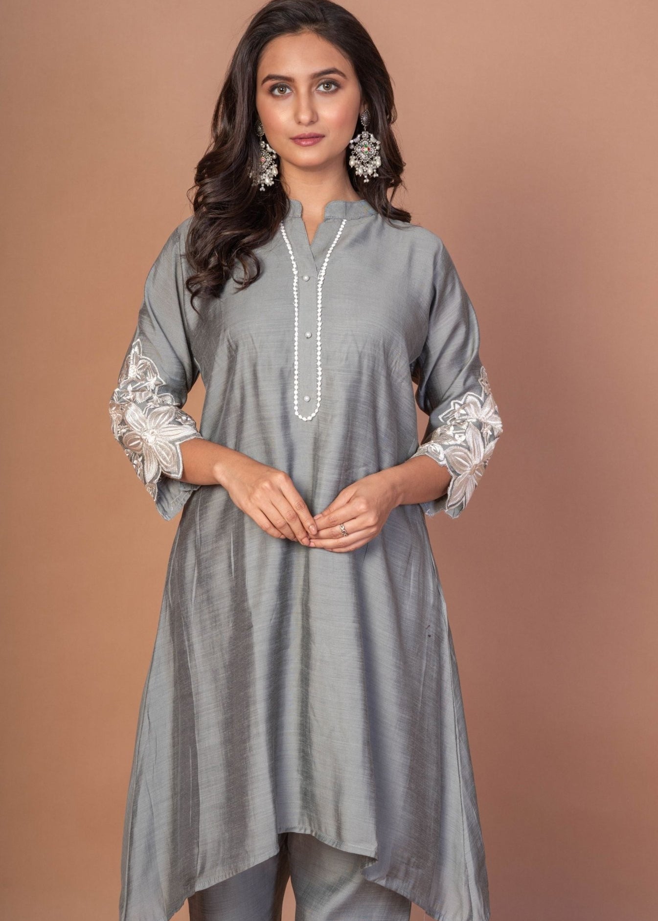 Grey Silk Co - ord Set with Embroidered Work - Anvi Couture