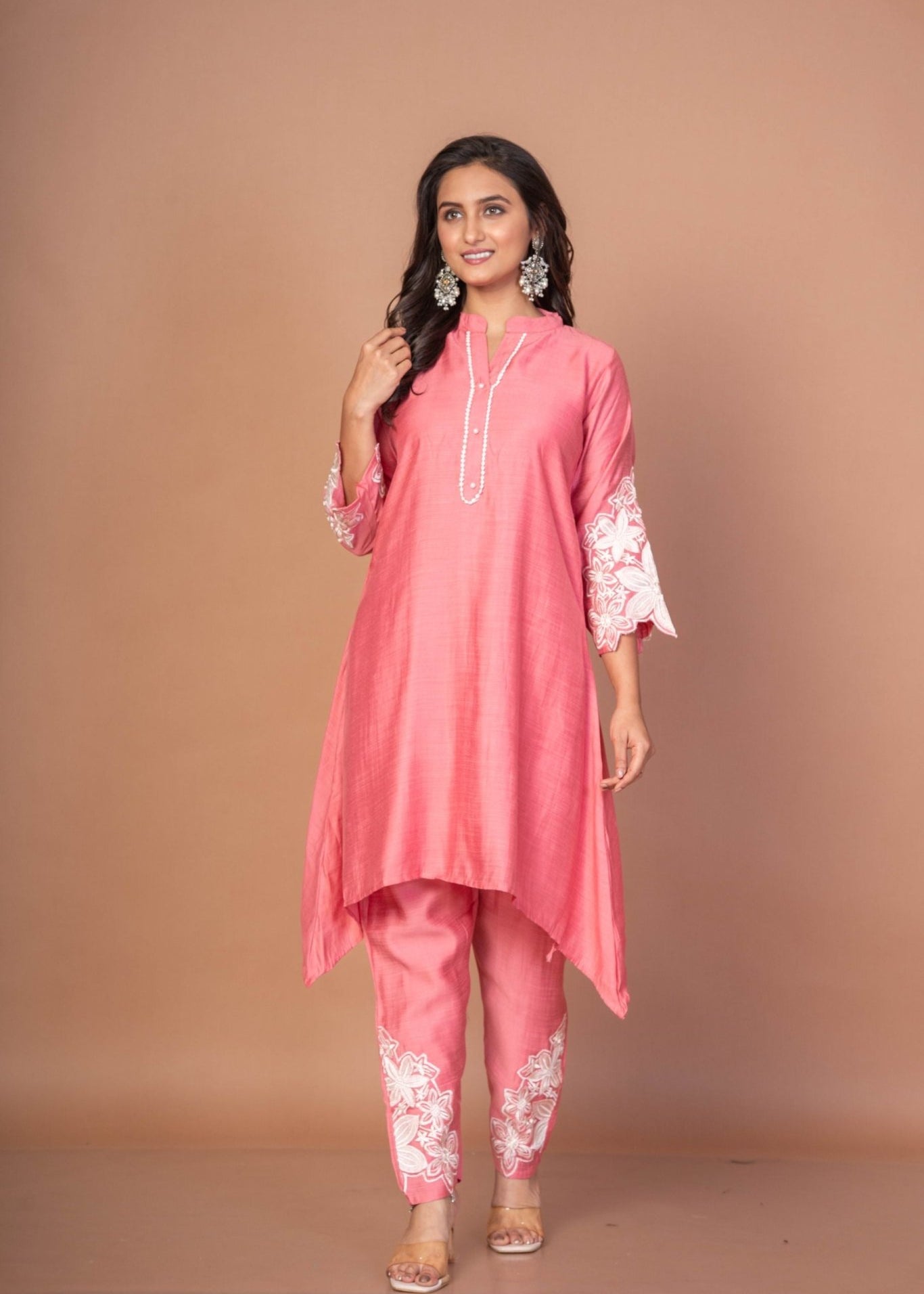 Pink Silk Co - ord Set with Embroidered Work - Anvi Couture