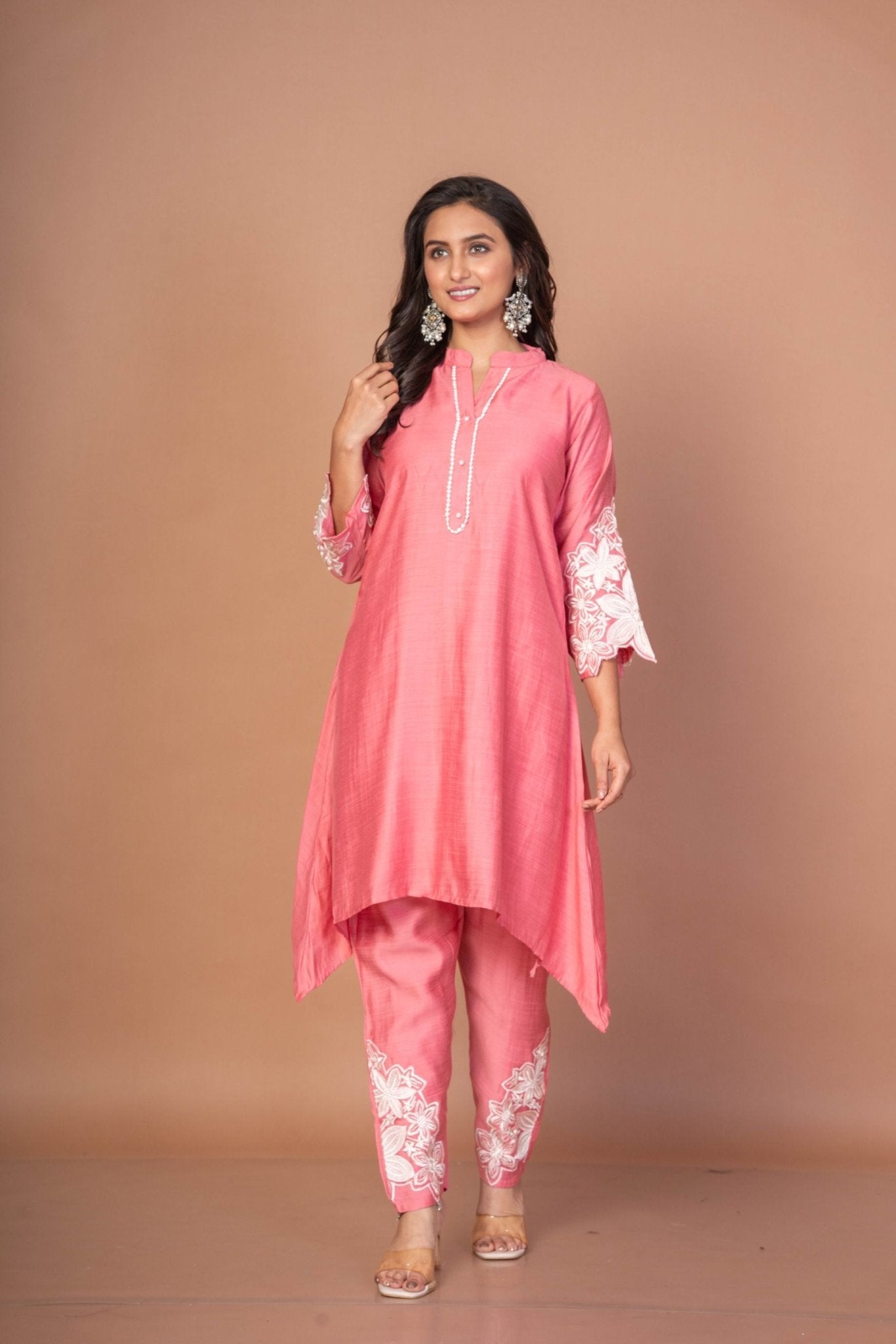 Pink Silk Co - ord Set with Embroidered Work - Anvi Couture
