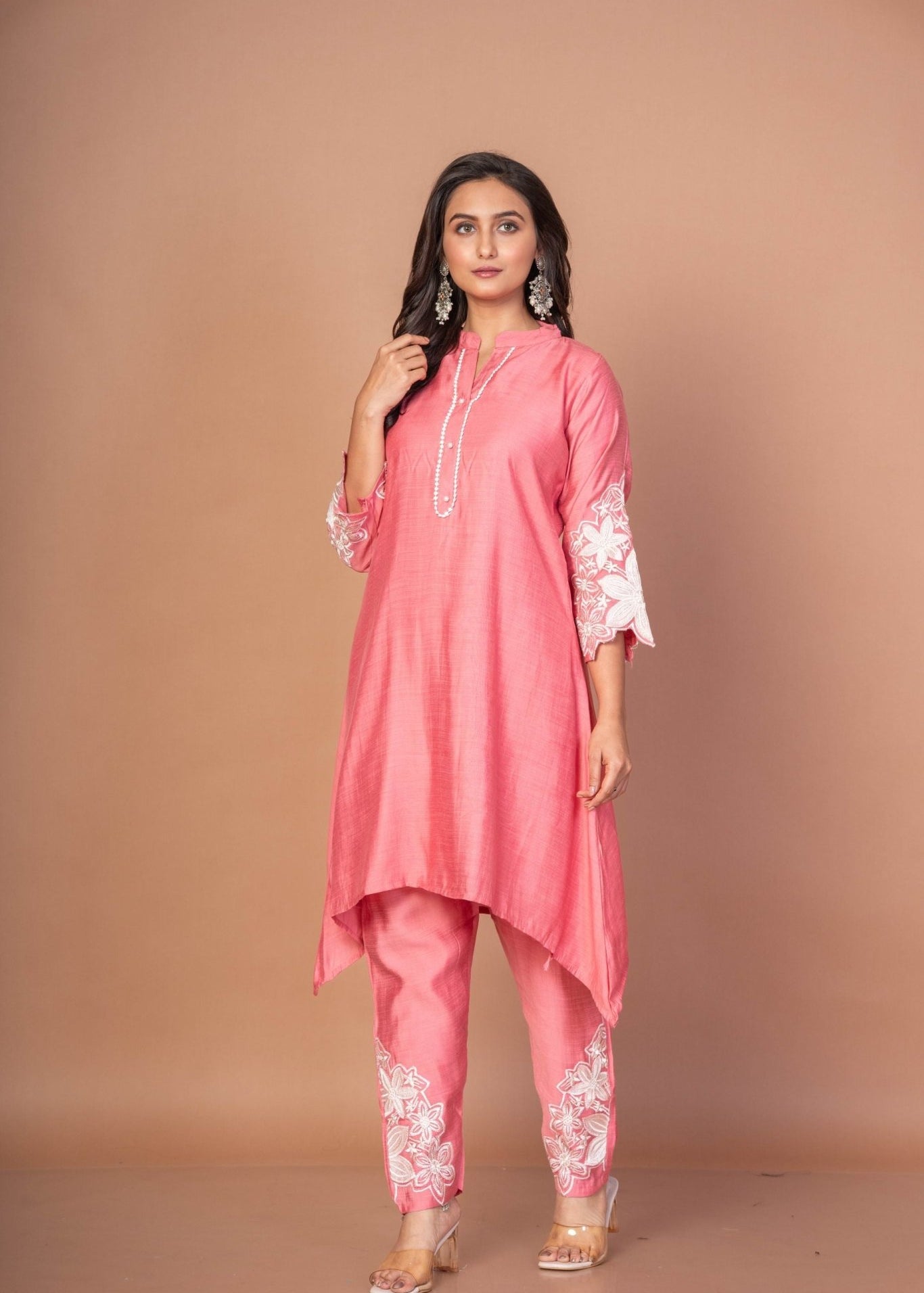 Pink Silk Co - ord Set with Embroidered Work - Anvi Couture