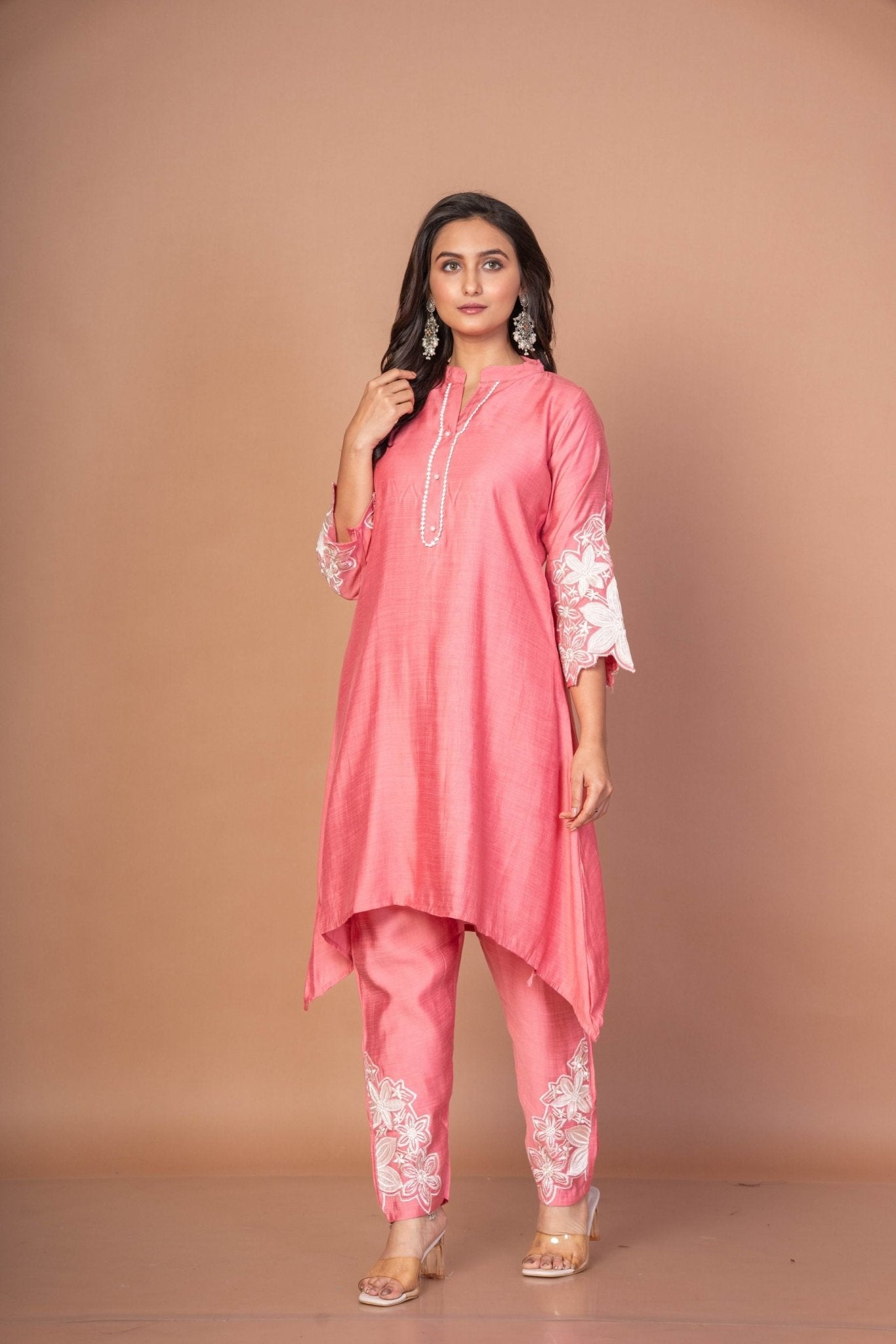 Pink Silk Co - ord Set with Embroidered Work - Anvi Couture